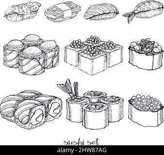 Set di diversi tipi di deliziosi panini e sushi. Illustrazione disegnata a mano Illustrazione Vettoriale