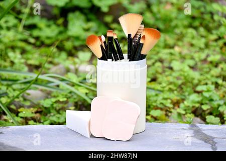 closeup il mazzo bianco marrone makeup kit spazzola con spugne palla nella scatola di plastica su sfondo verde marrone fuori fuoco. Foto Stock