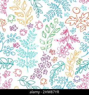 carino sfondo senza giunture con fiori colorati foglie e bacche Illustrazione Vettoriale