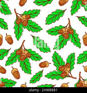 carino sfondo senza cuciture di ghiande e foglie di quercia. illustrazione disegnata a mano Illustrazione Vettoriale