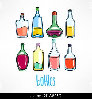 Set di bottiglie diverse con bevande colorate. Illustrazione disegnata a mano Illustrazione Vettoriale