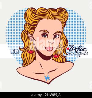 Segni zodiacali - Pesci come una ragazza nello stile di pin-up. Illustrazione disegnata a mano Illustrazione Vettoriale