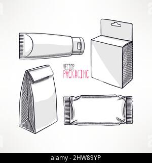 set con quattro diversi tipi di imballaggio. Illustrazione disegnata a mano Illustrazione Vettoriale