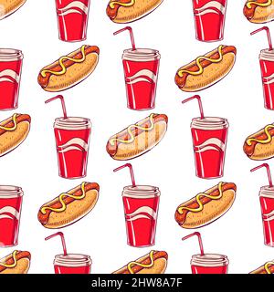 sfondo senza cuciture con appetitosi hotdog e bevande Illustrazione Vettoriale