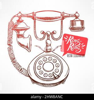 bel telefono vintage. illustrazione disegnata a mano Illustrazione Vettoriale