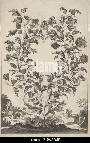 Arte ispirata da ornamento con disegno di Gioielli come decorazione floreale, 17th secolo, incisione, foglio: 6 1/4 x 4 1/2 pollici. (15,9 x 11,5 cm), Anonimo, 17th secolo (nello stile di Gédéon Légaré), decorazione floreale in una forma ovale che cresce dal suolo al centro. At, opere classiche modernizzate da Artotop con un tuffo di modernità. Forme, colore e valore, impatto visivo accattivante sulle emozioni artistiche attraverso la libertà delle opere d'arte in modo contemporaneo. Un messaggio senza tempo che persegue una nuova direzione selvaggiamente creativa. Artisti che si rivolgono al supporto digitale e creano l'NFT Artotop Foto Stock