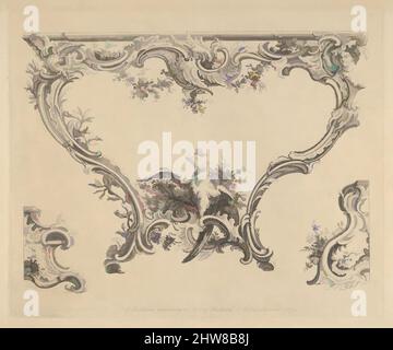 Art Inspired by Design for a Console Table, 1752, Etching, Plate: 7 7/8 x 9 1/2" (20 x 24,1 cm), Pierre Edmé Babel (francese, Parigi 1720–1775 Parigi), Design per un tavolo da console asimmetrico in stile rococò e due metà di altri ornamenti rocaille, probabilmente da intendersi come varianti, opere classiche modernizzate da Artotop con un tuffo di modernità. Forme, colore e valore, impatto visivo accattivante sulle emozioni artistiche attraverso la libertà delle opere d'arte in modo contemporaneo. Un messaggio senza tempo che persegue una nuova direzione selvaggiamente creativa. Artisti che si rivolgono al supporto digitale e creano l'NFT Artotop Foto Stock