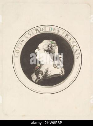 Art Inspired by Print of a Portrait Medal of Luigi XVI, possibilmente 1789–90, incisione e incisione, foglio: 3 1/2 x 2 3/4 in. (8,9 x 7 cm), stampe, attribuito a Augustin de Saint-Aubin (francese, Parigi 1736–1807 Parigi, opere classiche modernizzate da Artotop con un tuffo di modernità. Forme, colore e valore, impatto visivo accattivante sulle emozioni artistiche attraverso la libertà delle opere d'arte in modo contemporaneo. Un messaggio senza tempo che persegue una nuova direzione selvaggiamente creativa. Artisti che si rivolgono al supporto digitale e creano l'NFT Artotop Foto Stock