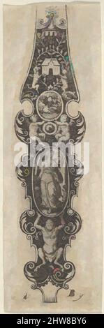 Art Inspired by Pendant Design with Judith Holding the Head of Holofernes, from Des Pendants de Cleffs pour les Femmes, 1580–1600, incisione e ricatto, Sheet: 3 9/16 x 1 1/8 in. (9 x 2,9 cm), Johann Theodor de Bry (Olanda, Strasburgo 1561–1623 Bad Schwalbach), Ornamental, opere classiche modernizzate da Artotop con un tuffo di modernità. Forme, colore e valore, impatto visivo accattivante sulle emozioni artistiche attraverso la libertà delle opere d'arte in modo contemporaneo. Un messaggio senza tempo che persegue una nuova direzione selvaggiamente creativa. Artisti che si rivolgono al supporto digitale e creano l'NFT Artotop Foto Stock