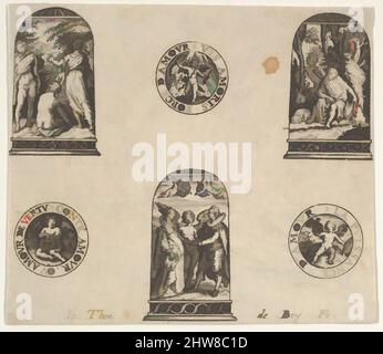 Art Inspired by Horizontal Panel with Three Thimble Designs and Three medaglioni, 1580–1600, incisione e ricatto, Sheet: 2 3/8 x 2 13/16 in. (6,1 x 7,1 cm), Johann Theodor de Bry (Olanda, Strasburgo 1561–1623 Bad Schwalbach), pannello con due disegni a dondolo affiancato a, opere classiche modernizzate da Artotop con un tuffo di modernità. Forme, colore e valore, impatto visivo accattivante sulle emozioni artistiche attraverso la libertà delle opere d'arte in modo contemporaneo. Un messaggio senza tempo che persegue una nuova direzione selvaggiamente creativa. Artisti che si rivolgono al supporto digitale e creano l'NFT Artotop Foto Stock