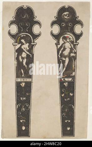 Art Inspired by Design for Knife Handles with Terra and Aqua, 1580–1600, incisione e ricatto, Sheet: 3 5/8 x 2 5/16 in. (9,2 x 5,9 cm), attribuito a Johann Theodor de Bry (Olanda, Strasburgo 1561–1623 Bad Schwalbach), Design per due manici a coltello con Terra personificato come a, opere classiche modernizzate da Artotop con un tuffo di modernità. Forme, colore e valore, impatto visivo accattivante sulle emozioni artistiche attraverso la libertà delle opere d'arte in modo contemporaneo. Un messaggio senza tempo che persegue una nuova direzione selvaggiamente creativa. Artisti che si rivolgono al supporto digitale e creano l'NFT Artotop Foto Stock