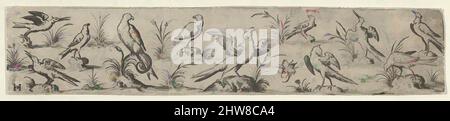 Art Inspired by Frieze with Eleven Birds and an Insect, 1590–1612, Engraving, Sheet: 1 1/2 x 7 3/8 in. (3,8 x 18,8 cm), Jan Collaert i (Olanda, Anversa ca. 1530–1581 Anversa), Frieze con undici uccelli arroccati a terra, con un grande uccello a becco aperto con ali spalancate, di fronte, opere classiche modernizzate da Artotop con un tuffo di modernità. Forme, colore e valore, impatto visivo accattivante sulle emozioni artistiche attraverso la libertà delle opere d'arte in modo contemporaneo. Un messaggio senza tempo che persegue una nuova direzione selvaggiamente creativa. Artisti che si rivolgono al supporto digitale e creano l'NFT Artotop Foto Stock