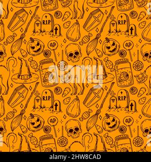 Simpatico modello di Halloween senza cuciture di magici attributi e caramelle. Illustrazione disegnata a mano Illustrazione Vettoriale