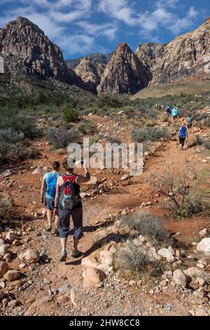Il Red Rock Canyon, Nevada. Gli escursionisti su Pine Creek Canyon Trail. Mescalito Montagna (con parte superiore rossa) al centro dello sfondo. Foto Stock