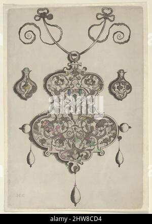 Art Inspired by Design for the verso of a Pendant with a Vase at Center, Before 1573, Engraving; First state of Two (New Hollstein), Sheet: 5 7/8 x 4 1/16 in. (14,9 x 10,3 cm), Jan Collaert i (Olanda, Anversa ca. 1530–1581 Anversa), pannello verticale con il design di un pendente, opere classiche modernizzate da Artotop con un tocco di modernità. Forme, colore e valore, impatto visivo accattivante sulle emozioni artistiche attraverso la libertà delle opere d'arte in modo contemporaneo. Un messaggio senza tempo che persegue una nuova direzione selvaggiamente creativa. Artisti che si rivolgono al supporto digitale e creano l'NFT Artotop Foto Stock