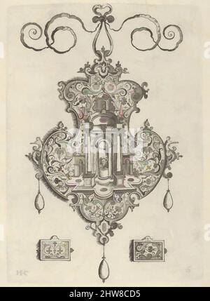 Arte ispirata dal Pendente Design con Niche e un vaso con due maniglie sopra ornamenti rettangolari, 1604, incisione e ricatto; secondo stato di due (New Hollstein), foglio: 6 7/16 x 4 13/16 poll. (16,3 x 12,2 cm), Jan Collaert i (Olanda, Anversa ca. 1530–1581 Anversa), verticale, opere classiche modernizzate da Artotop con un tuffo di modernità. Forme, colore e valore, impatto visivo accattivante sulle emozioni artistiche attraverso la libertà delle opere d'arte in modo contemporaneo. Un messaggio senza tempo che persegue una nuova direzione selvaggiamente creativa. Artisti che si rivolgono al supporto digitale e creano l'NFT Artotop Foto Stock