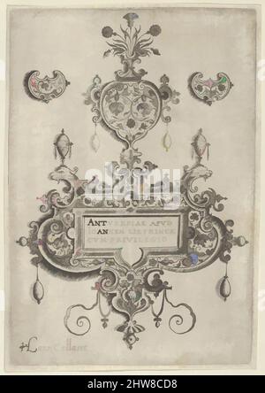 Art Inspired by Title Plate, from Pendant Designs with Deities in nices and Flower-arabesques, before 1573, Engraving; First state of Two (New Hollstein), Sheet: 5 3/4 x 4 1/16 in. (14,6 x 10,3 cm), Jan Collaert i (Olanda, Anversa ca. 1530–1581 Anversa), pannello verticale con, opere classiche modernizzate da Artotop con un tuffo di modernità. Forme, colore e valore, impatto visivo accattivante sulle emozioni artistiche attraverso la libertà delle opere d'arte in modo contemporaneo. Un messaggio senza tempo che persegue una nuova direzione selvaggiamente creativa. Artisti che si rivolgono al supporto digitale e creano l'NFT Artotop Foto Stock