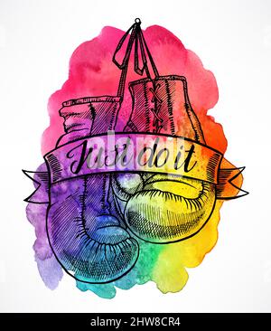 basta farlo. inscatolando i guanti su uno sfondo colorato acquerello. illustrazione disegnata a mano Illustrazione Vettoriale