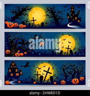 Set di tre belle bandiere per Halloween con tombe, zucche malvagie e alberi Illustrazione Vettoriale