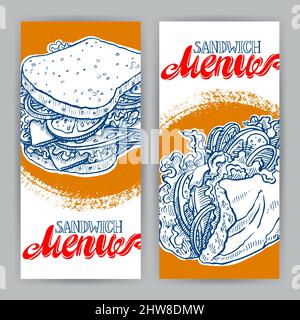 Due striscioni verticali con deliziosi sandwich. Illustrazione disegnata a mano Illustrazione Vettoriale