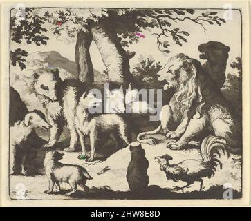 L'arte ispirata da Renard si esonera dei suoi crimini davanti al Leone da Renard the Fox di Hendrick van Alcmar, 1650–75, Engraving; terzo stato di quattro, piatto: 3 11/16 x 4 1/2 pollici. (9,4 x 11,5 cm), Prints, Allart van Everdingen (olandese, Alkmaar 1621–1675 Amsterdam, opere classiche modernizzate da Artotop con un tocco di modernità. Forme, colore e valore, impatto visivo accattivante sulle emozioni artistiche attraverso la libertà delle opere d'arte in modo contemporaneo. Un messaggio senza tempo che persegue una nuova direzione selvaggiamente creativa. Artisti che si rivolgono al supporto digitale e creano l'NFT Artotop Foto Stock