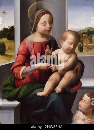 Arte ispirata a Madonna col Bambino con il giovane San Giovanni Battista, ca. 1497, olio e oro su legno, 23 x 17 1/4 poll. (58,4 x 43,8 cm), dipinti, fra Bartolomeo (Bartolomeo di Paolo del Fattorino) (Firenze 1473–1517), fra Bartolomeo era tra le opere classiche più creative modernizzate da Artotop con un tuffo di modernità. Forme, colore e valore, impatto visivo accattivante sulle emozioni artistiche attraverso la libertà delle opere d'arte in modo contemporaneo. Un messaggio senza tempo che persegue una nuova direzione selvaggiamente creativa. Artisti che si rivolgono al supporto digitale e creano l'NFT Artotop Foto Stock