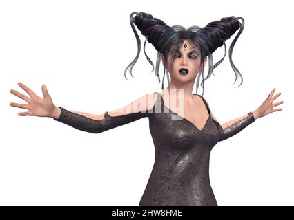 Elfo scuro, donna strega con capelli fantasy indossare vestito nero, 3D Illustrazione. Foto Stock