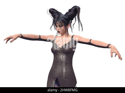 Elfo scuro, donna strega con capelli fantasy indossare vestito nero, 3D Illustrazione. Foto Stock