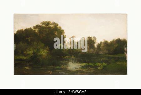 Arte ispirata a Un paesaggio fluviale con tempeste, 1864, olio su legno, 9 1/2 x 17 5/8 poll. (24,1 x 44,8 cm), dipinti, Charles-Francois Daubigny (francese, Parigi 1817–1878 Parigi), il sito di questo paesaggio fluviale non è ancora stato identificato. Potrebbe essere stato dipinto vicino Auvers da, opere classiche modernizzate da Artotop con un tuffo di modernità. Forme, colore e valore, impatto visivo accattivante sulle emozioni artistiche attraverso la libertà delle opere d'arte in modo contemporaneo. Un messaggio senza tempo che persegue una nuova direzione selvaggiamente creativa. Artisti che si rivolgono al supporto digitale e creano l'NFT Artotop Foto Stock