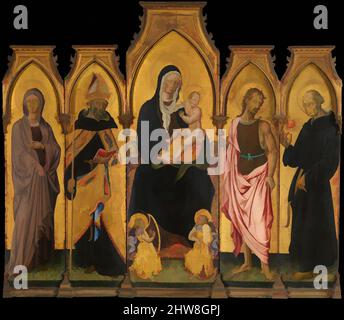 Arte ispirata a Madonna col Bambino con Santi, 1454, Tempera in legno, oro in terra, pannello centrale 82 3/4 x 25 7/8 poll. (210,2 x 65,7 cm); pannelli di sinistra 70 7/8 x 16 7/8" (180 x 42,9 cm), 70 7/8 x 16 3/4" (180 x 42,5 cm); pannelli desti 70 7/8 x 16 7/8" (180 x 42,9 cm), 70 7/8 x 16 3/, opere classiche modernizzate da Artotop con un tuffo di modernità. Forme, colore e valore, impatto visivo accattivante sulle emozioni artistiche attraverso la libertà delle opere d'arte in modo contemporaneo. Un messaggio senza tempo che persegue una nuova direzione selvaggiamente creativa. Artisti che si rivolgono al supporto digitale e creano l'NFT Artotop Foto Stock