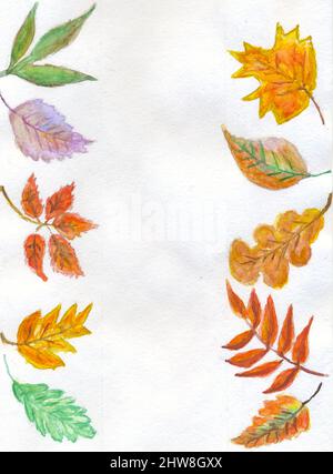 Cornice decorativa colorata con foglie autunnali, illustrazione disegnata a mano. Foto Stock