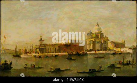 Arte ispirata a Venezia: La Dogana e Santa Maria della Salute, olio su legno, 7 1/8 x 12 5/8in. (18,1 x 32,1cm), dipinti, laboratorio di Francesco Guardi (Italiano, Venezia 1712–1793 Venezia, opere classiche modernizzate da Artotop con un tuffo di modernità. Forme, colore e valore, impatto visivo accattivante sulle emozioni artistiche attraverso la libertà delle opere d'arte in modo contemporaneo. Un messaggio senza tempo che persegue una nuova direzione selvaggiamente creativa. Artisti che si rivolgono al supporto digitale e creano l'NFT Artotop Foto Stock