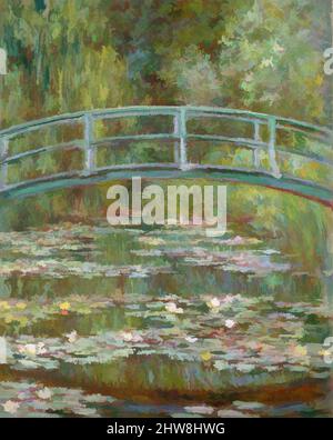 Arte ispirata da Bridge Over a Pond of Water Lilies, 1899, olio su tela, 36 1/2 x 29 poll. (92,7 x 73,7 cm), dipinti, Claude Monet (francese, Parigi 1840–1926 Giverny), nel 1893, Monet, un appassionato orticulturista, ha acquistato terra con un laghetto vicino alla sua proprietà a Giverny, intenzione di costruire, opere classiche modernizzate da Artotop con un tuffo di modernità. Forme, colore e valore, impatto visivo accattivante sulle emozioni artistiche attraverso la libertà delle opere d'arte in modo contemporaneo. Un messaggio senza tempo che persegue una nuova direzione selvaggiamente creativa. Artisti che si rivolgono al supporto digitale e creano l'NFT Artotop Foto Stock