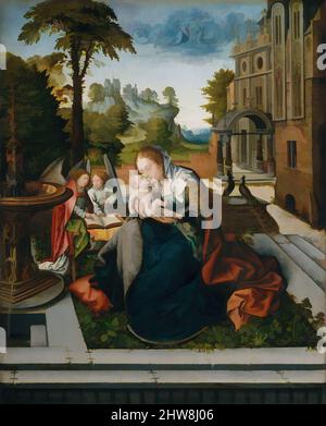 Arte ispirata da Vergine e Bambino con Angeli, ca. 1518, olio su legno, 33 5/8 x 27 1/2 poll. (85,4 x 69,9 cm), dipinti, Bernard van Orley (Olanda, Bruxelles ca. 1492–1541/42 Bruxelles), Van Orley probabilmente dipinse questo raffinato e intimo quadro della Vergine e del Bambino circa, opere classiche modernizzate da Artotop con un tuffo di modernità. Forme, colore e valore, impatto visivo accattivante sulle emozioni artistiche attraverso la libertà delle opere d'arte in modo contemporaneo. Un messaggio senza tempo che persegue una nuova direzione selvaggiamente creativa. Artisti che si rivolgono al supporto digitale e creano l'NFT Artotop Foto Stock