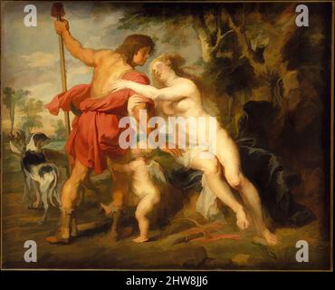 Arte ispirata a Venere e Adonis, probabilmente a metà 1630s, olio su tela, con strisce aggiunte, 77 3/4 x 95 5/8 poll. (197,5 x 242,9 cm), dipinti, Peter Paul Rubens (Fiammingo, Siegen 1577–1640 Anversa), il soggetto è da Metamorfosi di Ovidio (completato nel 8 d.C.). Incidentalmente ingannato da una delle opere classiche modernizzate da Artotop con un tuffo di modernità. Forme, colore e valore, impatto visivo accattivante sulle emozioni artistiche attraverso la libertà delle opere d'arte in modo contemporaneo. Un messaggio senza tempo che persegue una nuova direzione selvaggiamente creativa. Artisti che si rivolgono al supporto digitale e creano l'NFT Artotop Foto Stock