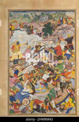 Arte ispirata a Krishna e Balarma Fighting the Enemy', Folio da Harivamsa (la leggenda di Hari (Krishna)), ca. 1590–95, attribuito all'attuale Pakistan, probabilmente Lahore, inchiostro, acquerello opaco e oro su carta, immagine: H. 12 in. (30,5 cm), Codices, una raffica di guerrieri che si scontrano, opere classiche modernizzate da Artotop con un tuffo di modernità. Forme, colore e valore, impatto visivo accattivante sulle emozioni artistiche attraverso la libertà delle opere d'arte in modo contemporaneo. Un messaggio senza tempo che persegue una nuova direzione selvaggiamente creativa. Artisti che si rivolgono al supporto digitale e creano l'NFT Artotop Foto Stock