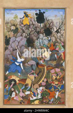 Arte ispirata da Balarama e Krishna Fighting the Enemy', Folio da Harivamsa (la leggenda di Hari (Krishna)), ca. 1590–95, attribuito all'attuale Pakistan, probabilmente Lahore, inchiostro, acquerello opaco e oro su carta, immagine: H. 12 in. (30,5 cm), Codices, l'Harivamsa racconta le opere classiche modernizzate da Artotop con un tuffo di modernità. Forme, colore e valore, impatto visivo accattivante sulle emozioni artistiche attraverso la libertà delle opere d'arte in modo contemporaneo. Un messaggio senza tempo che persegue una nuova direzione selvaggiamente creativa. Artisti che si rivolgono al supporto digitale e creano l'NFT Artotop Foto Stock