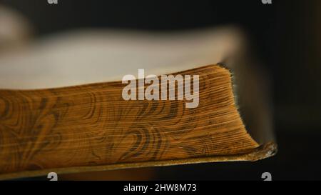 Primo piano di una persona sconosciuta che tiene in mano apri il vecchio libro e gira le pagine. Libri vintage, primo piano. Foto Stock