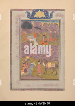 L'arte ispirata da Zal ritornò a Sam', Folio da uno Shahnama (Libro dei Re), fine 19th-inizio 20th secolo, attribuita a India, Kashmir, inchiostro, acquerello opaco, argento, e oro su carta, 12 5/8 x 9 1/2in. (32 x 24,1cm), Codices, opere classiche modernizzate da Artotop con un tuffo di modernità. Forme, colore e valore, impatto visivo accattivante sulle emozioni artistiche attraverso la libertà delle opere d'arte in modo contemporaneo. Un messaggio senza tempo che persegue una nuova direzione selvaggiamente creativa. Artisti che si rivolgono al supporto digitale e creano l'NFT Artotop Foto Stock