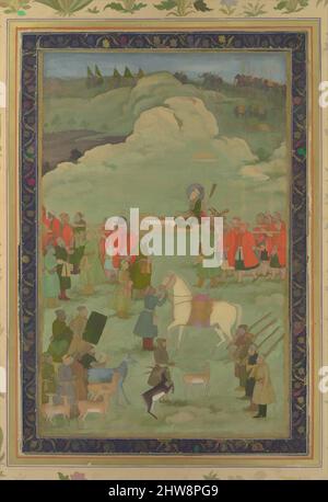 L'arte ispirata dall'imperatore Aurangzeb portò su un palanquin, ca. 1705–20, prodotto in India, acquerello opaco e oro su carta, H. 22 7/8 poll. (58,1 cm), Codices, Pittura di Bhavanidas (attivo ca. 1700–1748), l'imperatore Aurangzeb (r. 1656–1707) e la sua festa reale di caccia sono mostrati, opere classiche modernizzate da Artotop con un tuffo di modernità. Forme, colore e valore, impatto visivo accattivante sulle emozioni artistiche attraverso la libertà delle opere d'arte in modo contemporaneo. Un messaggio senza tempo che persegue una nuova direzione selvaggiamente creativa. Artisti che si rivolgono al supporto digitale e creano l'NFT Artotop Foto Stock