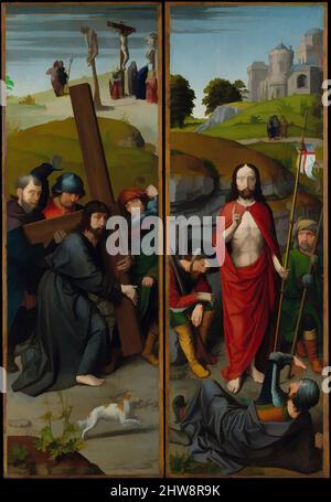 Arte ispirata da Cristo che porta la Croce, con la Crocifissione; la Risurrezione, con i pellegrini di Emmaus, ca. 1510, olio su pannello di quercia, ala sinistra: 34 1/2 x 11 5/8 poll. (87,7 x 29,5 cm), superficie verniciata 34 x 11 poll. (86,4 x 27,9 cm); ala destra: 34 1/2 x 11 3/4 poll. (87,6 x 30 cm, opere classiche modernizzate da Artotop con un tuffo di modernità. Forme, colore e valore, impatto visivo accattivante sulle emozioni artistiche attraverso la libertà delle opere d'arte in modo contemporaneo. Un messaggio senza tempo che persegue una nuova direzione selvaggiamente creativa. Artisti che si rivolgono al supporto digitale e creano l'NFT Artotop Foto Stock