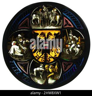 Arte ispirata al roundel quatrefoil con armi e scene secolari, 1490–1500, made in Norimberga, Germania, Vetro in metallo pentola, vetro bianco, vernice vetrosa e macchia d'argento, diam: 12 1/4 poll. (31,1 cm), vetrate, al centro di questo pannello sono le braccia imperiali dell'Austria. Le opere, Classic modernizzate da Artotop con un tuffo di modernità. Forme, colore e valore, impatto visivo accattivante sulle emozioni artistiche attraverso la libertà delle opere d'arte in modo contemporaneo. Un messaggio senza tempo che persegue una nuova direzione selvaggiamente creativa. Artisti che si rivolgono al supporto digitale e creano l'NFT Artotop Foto Stock