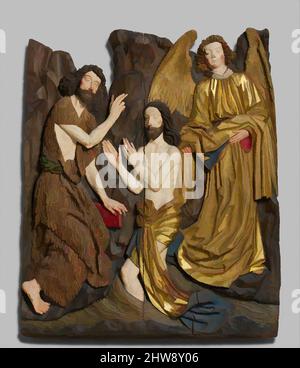 Arte ispirata al Battesimo di Cristo, ca. 1480–1490, fabbricato a Norimberga, Germania, in legno di conifere con vernice e doratura, totale: 48 x 40 x 3 pollici (121,9 x 101,6 x 7,6 cm), scultura-legno, laboratorio di Veit Stoss (tedesco, piano cottura am Neckar ca. 1445–1533 Norimberga), San Giovanni Battista, opere classiche modernizzate da Artotop con un tuffo di modernità. Forme, colore e valore, impatto visivo accattivante sulle emozioni artistiche attraverso la libertà delle opere d'arte in modo contemporaneo. Un messaggio senza tempo che persegue una nuova direzione selvaggiamente creativa. Artisti che si rivolgono al supporto digitale e creano l'NFT Artotop Foto Stock