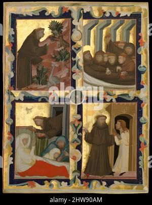 Arte ispirata al manoscritto foglia con scene della vita di San Francesco d'Assisi, ca. 1320–42, fabbricato a Bologna (per uso ungherese), Italia, Italiano, Tempera e oro in pergamena, 8 5/8 x 6 5/8in. (21,9 x 16,8cm), Manuscripts and Illuminations, scene della storia di San Francesco, opere classiche modernizzate da Artotop con un tuffo di modernità. Forme, colore e valore, impatto visivo accattivante sulle emozioni artistiche attraverso la libertà delle opere d'arte in modo contemporaneo. Un messaggio senza tempo che persegue una nuova direzione selvaggiamente creativa. Artisti che si rivolgono al supporto digitale e creano l'NFT Artotop Foto Stock