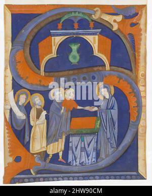 Illuminazione manoscritta con la presentazione di Cristo nel Tempio in una S iniziale, da un graduale, ca. 1278, made in Imola, Italy, Italian, Tempera e Ink on pergamena, totale: 7 5/16 x 5 7/8 in. (18,6 x 14,9 cm), Manuscripts e Illuminations, Maestro di Bagnacavallo (attivo alla fine del 13th secolo), la lampada verde pensile e i motivi starburst dello sfondo sono segni distintivi dell'opera del primo artista a lavorare su libri di coro per una nuova cattedrale di Imola, nei pressi di Bologna, probabilmente commissionato dal suo vescovo Foto Stock