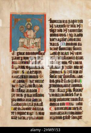 Arte ispirata dal manoscritto foglia con la Santissima Trinità in una T iniziale, da un Messale, ca. 1390, tedesco del sud, Tempera, inchiostro e oro su pergamena, totale: 13 1/16 x 8 7/8 poll. (33,1 x 22,6 cm), Manuscripts and Illuminations, opere classiche modernizzate da Artotop con un tocco di modernità. Forme, colore e valore, impatto visivo accattivante sulle emozioni artistiche attraverso la libertà delle opere d'arte in modo contemporaneo. Un messaggio senza tempo che persegue una nuova direzione selvaggiamente creativa. Artisti che si rivolgono al supporto digitale e creano l'NFT Artotop Foto Stock