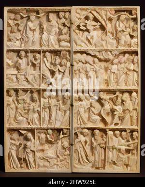 Arte ispirata a Diptych con scene della vita di Cristo e della Vergine, San Michele, Giovanni Battista, Thomas Becket e la Trinità, circa 1350, fabbricato a Colonia, Germania, avorio elefante, Totale (aperto): 10 x 8 5/16 x 3/8 poll. (25,5 x 21,1 x 0,9 cm), avories, le opere classiche, densamente modernizzate da Artotop con un tuffo di modernità. Forme, colore e valore, impatto visivo accattivante sulle emozioni artistiche attraverso la libertà delle opere d'arte in modo contemporaneo. Un messaggio senza tempo che persegue una nuova direzione selvaggiamente creativa. Artisti che si rivolgono al supporto digitale e creano l'NFT Artotop Foto Stock