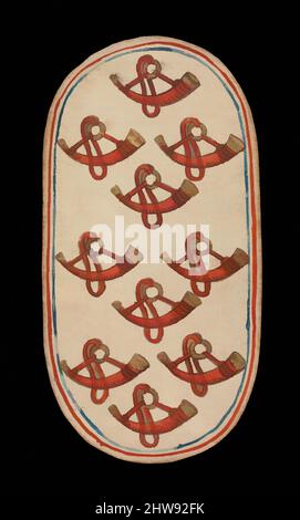 Arte ispirata a 10 dei corni, dalle carte da gioco dei chiostri, ca. 1475–80, prodotto in territori della Borgogna, Paesi Bassi del Sud, carta (quattro strati di cartoncino) con penna e inchiostro, vernice opaca, smalti, argento e oro applicati, 5 3/16 x 2 3/4 pollici. (13,2 x 7 cm), Miscellaneous-Paper, opere classiche modernizzate da Artotop con un tuffo di modernità. Forme, colore e valore, impatto visivo accattivante sulle emozioni artistiche attraverso la libertà delle opere d'arte in modo contemporaneo. Un messaggio senza tempo che persegue una nuova direzione selvaggiamente creativa. Artisti che si rivolgono al supporto digitale e creano l'NFT Artotop Foto Stock