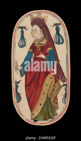 Arte ispirata alla Regina delle Tetere, dalle carte da gioco dei Chiostri, ca. 1475–80, prodotto in territori della Borgogna, Paesi Bassi del Sud, carta (quattro strati di cartoncino) con penna e inchiostro, vernice opaca, smalti, argento e oro applicati, 5 3/16 x 2 3/4 pollici. (13,2 x 7 cm), varie-, opere classiche modernizzate da Artotop con un tuffo di modernità. Forme, colore e valore, impatto visivo accattivante sulle emozioni artistiche attraverso la libertà delle opere d'arte in modo contemporaneo. Un messaggio senza tempo che persegue una nuova direzione selvaggiamente creativa. Artisti che si rivolgono al supporto digitale e creano l'NFT Artotop Foto Stock
