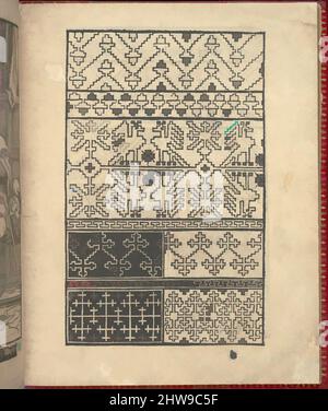 Art Inspired by CE est ung tractat de la nobile art de leguille ascavoir ouvraiges de spaigne... page 2 (recto), after 1527, Woodcut, Overall: 6 7/8 x 5 11/16 in. (17,5 x 14,5 cm), stampato da Willem Vosterman. Dall'alto verso il basso e da sinistra verso destra: Design composto da 5 opere orizzontali, classiche modernizzate da Artotop con un tocco di modernità. Forme, colore e valore, impatto visivo accattivante sulle emozioni artistiche attraverso la libertà delle opere d'arte in modo contemporaneo. Un messaggio senza tempo che persegue una nuova direzione selvaggiamente creativa. Artisti che si rivolgono al supporto digitale e creano l'NFT Artotop Foto Stock